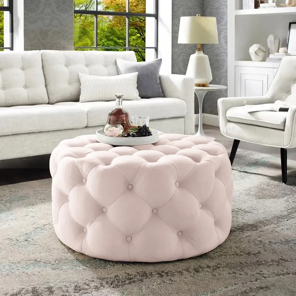 Tufted Ottoman Beige Velvet Ottoman Coffee Table Tufted Cocktail Ottoman Round Ottoman Pouf Small