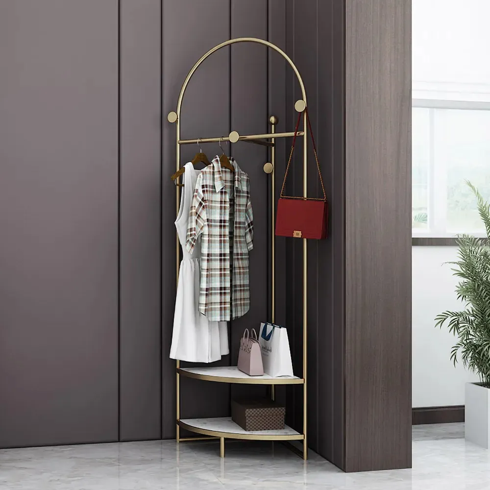 Faux Marble Gold Corner Clothing Rack With Shelf And Hanging