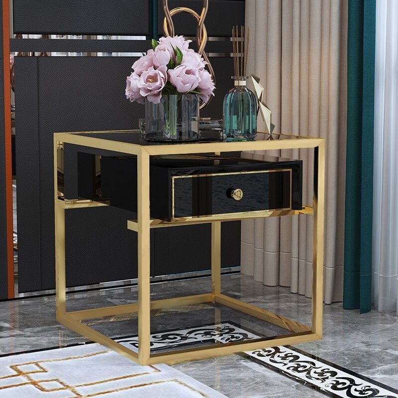 Modern Luxurious Black Square Side Table 1 Drawer End Table Stainless ...