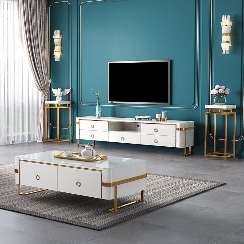 White TV Stand Modern Gold TV Console with Storage Media for
