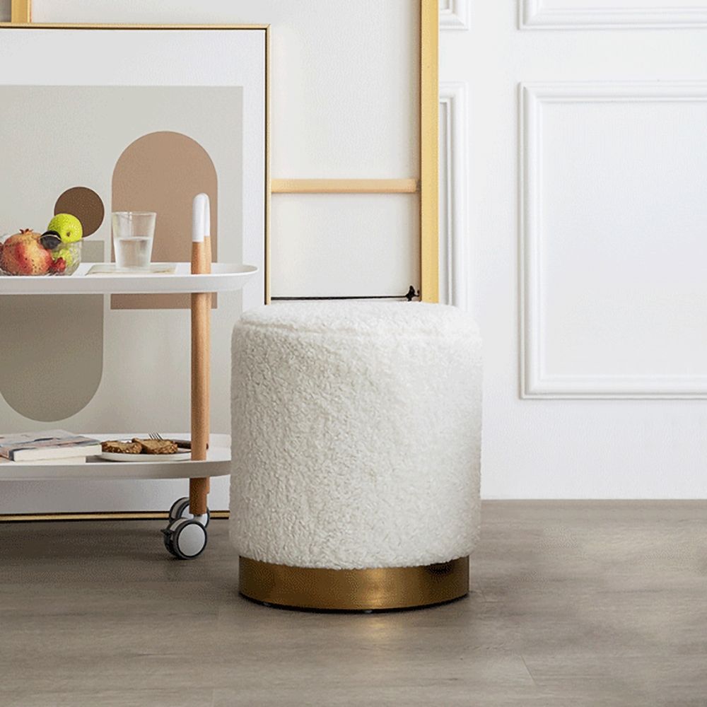 White Round Faux Fur Ottoman Upholstered Ottoman Footrest Stainless