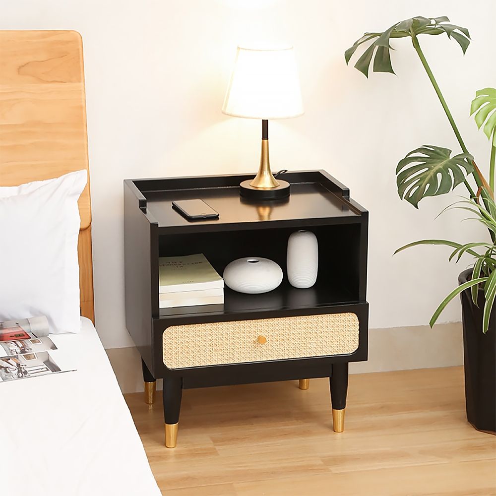 Black Solid Wood Rattan Nightstand with Drawer Open Storage Nordic