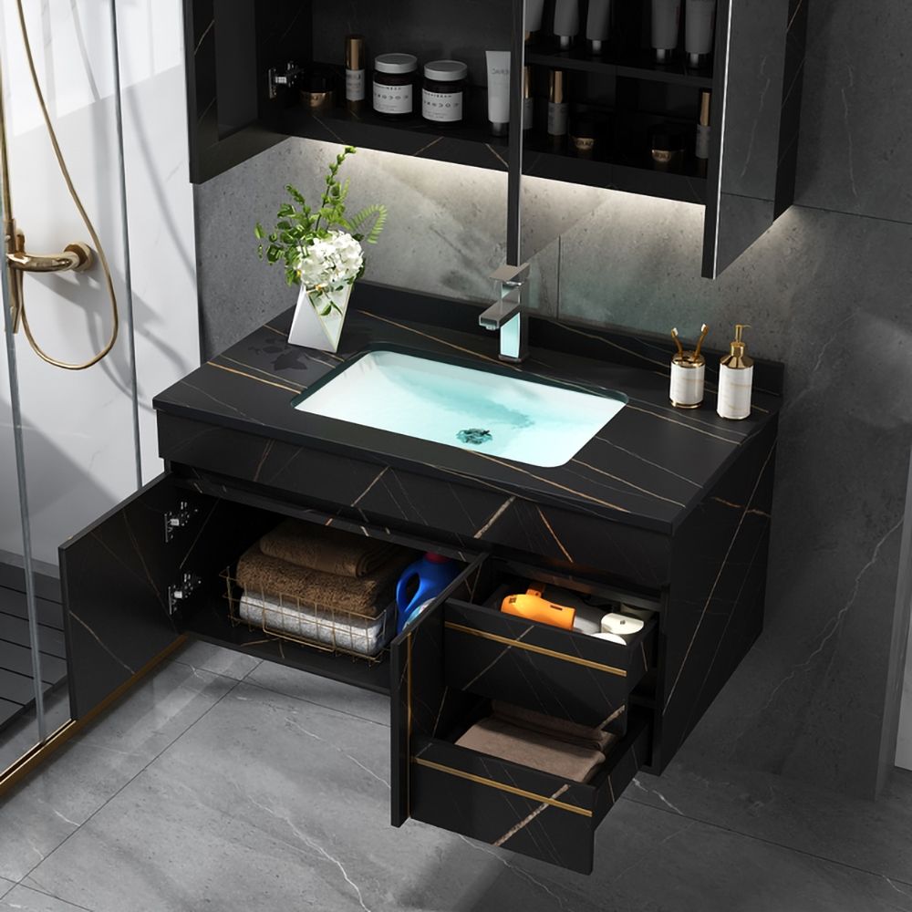 Modern 900mm Black Floating Bathroom Vanity Wall Mount Ceramic Single