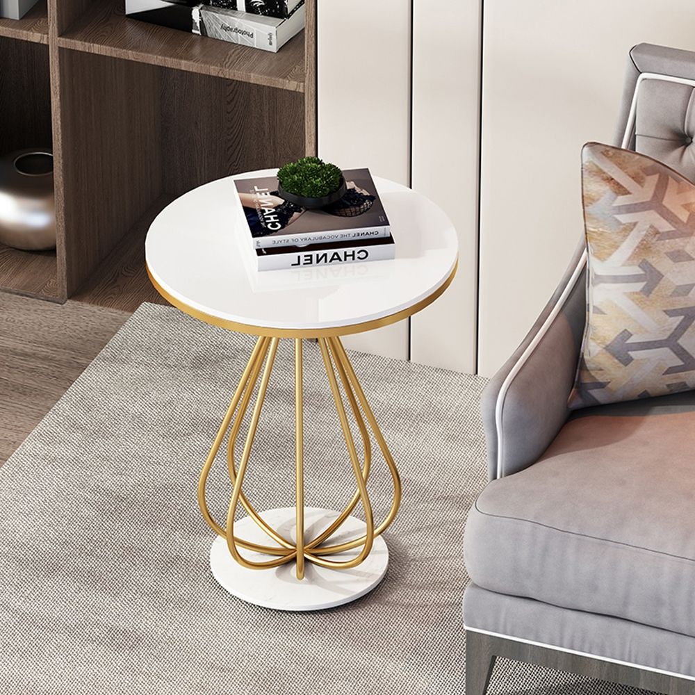 White Round Marble Side Table in Gold Finish