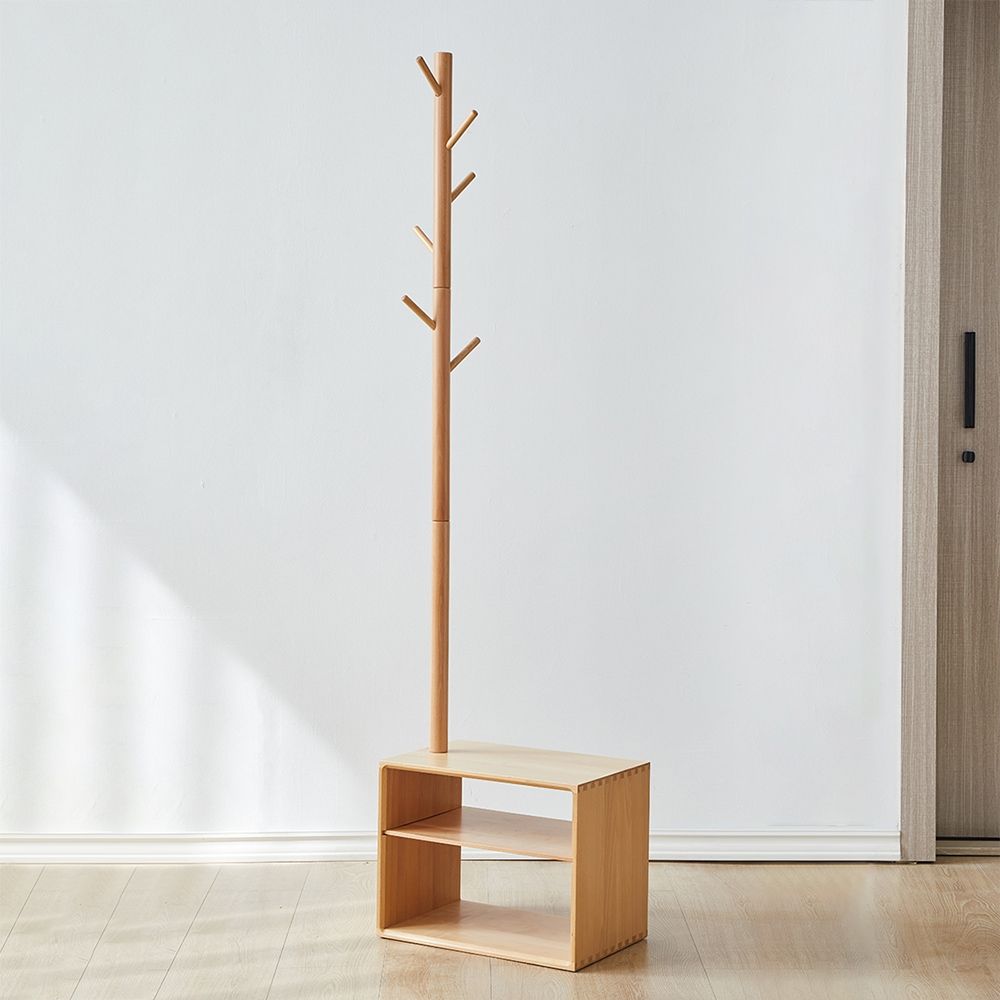 Natural Farmhouse Solid Wood Coat Rack Freestanding with Shoe Rack