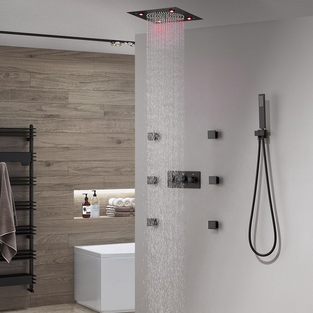 Modern LED Square Ceiling Mount Rain Shower System with 6 Body Sprays & Hand Shower in Black