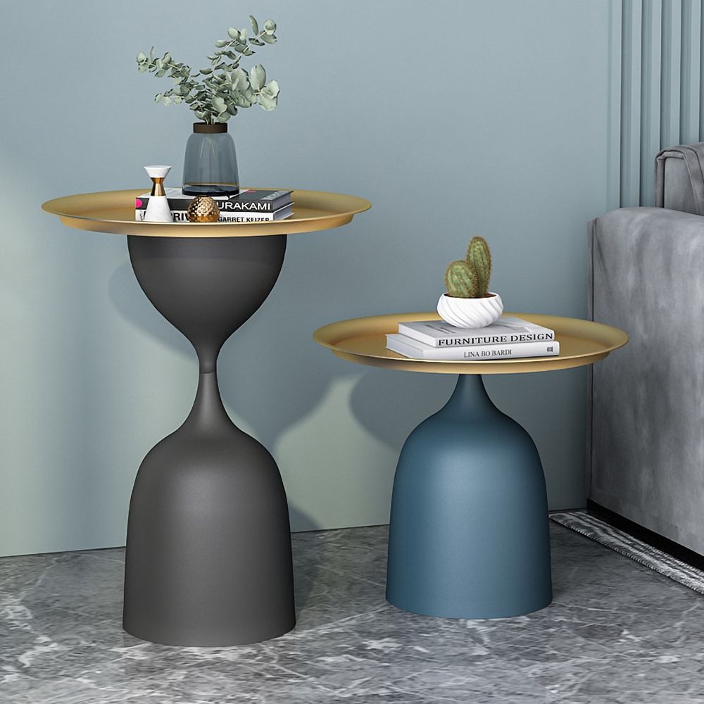 Modern Black Round End Table Hourglass Shaped with Tray Top