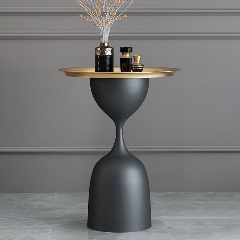 Modern Black Round End Table Hourglass Shaped with Tray Top