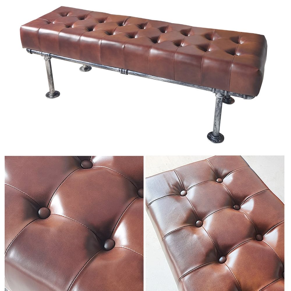 Industrial Tufted Entryway Bench Faux Leather Upholstered with Cushion