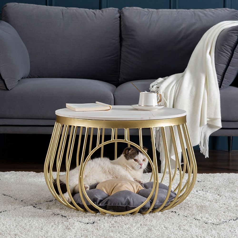 Modern White Side Table Faux Marble End Table with Round Tabletop Cat Bed