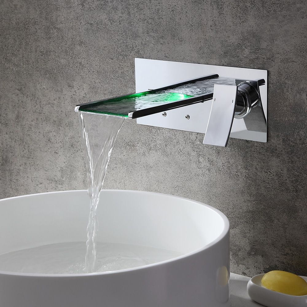 Koko Contemporary LED WallMounted Polished Chrome Brass Waterfall Bathroom Sink Faucet