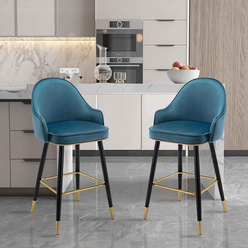 Blue Velvet Counter Height Bar Stool with Footrest Set of 2