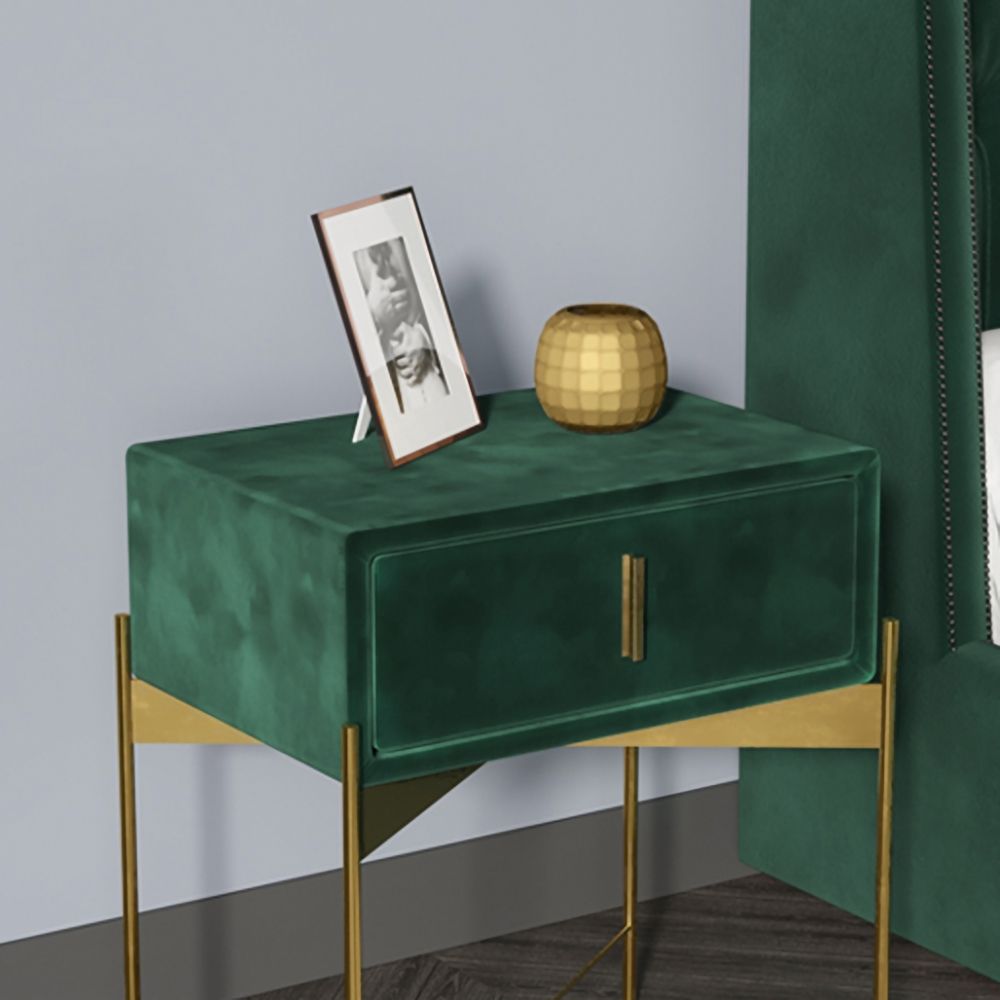 Green Bedroom Nightstand with Drawer Velvet Upholstered Bedside Table