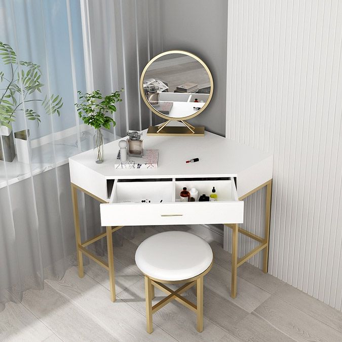 Corner Modern Makeup Vanity Set Dressing Table with Mirror & Stool White