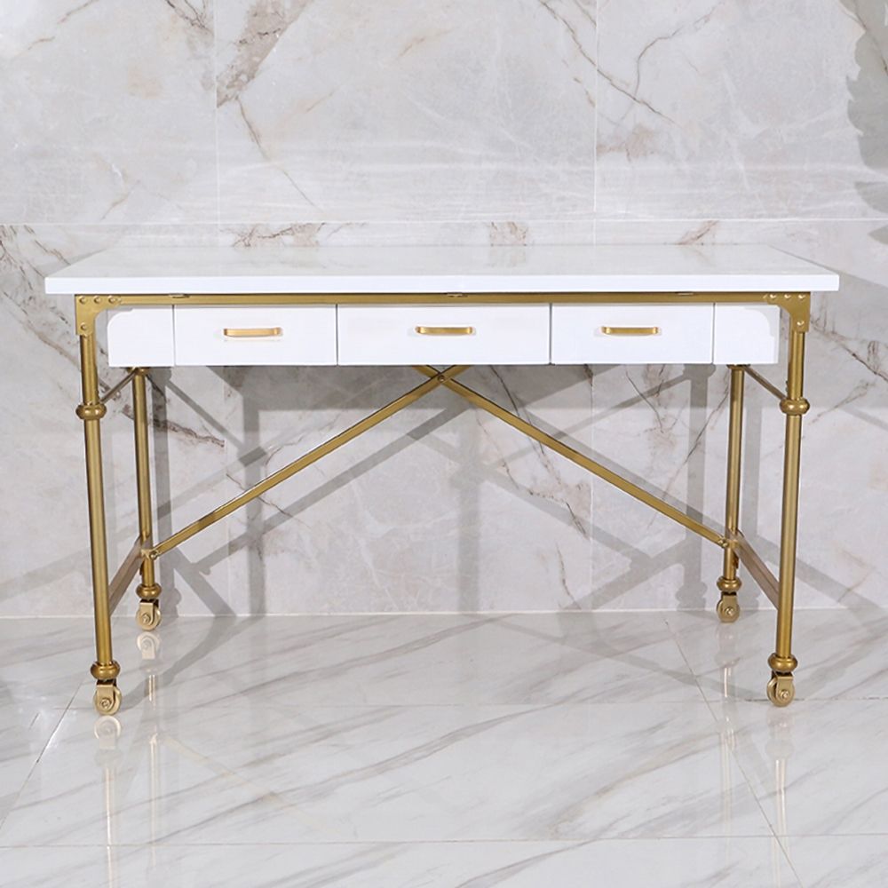 White 39" Rectangular Writing Desk Modern Computer Desk with 3Drawer Gold