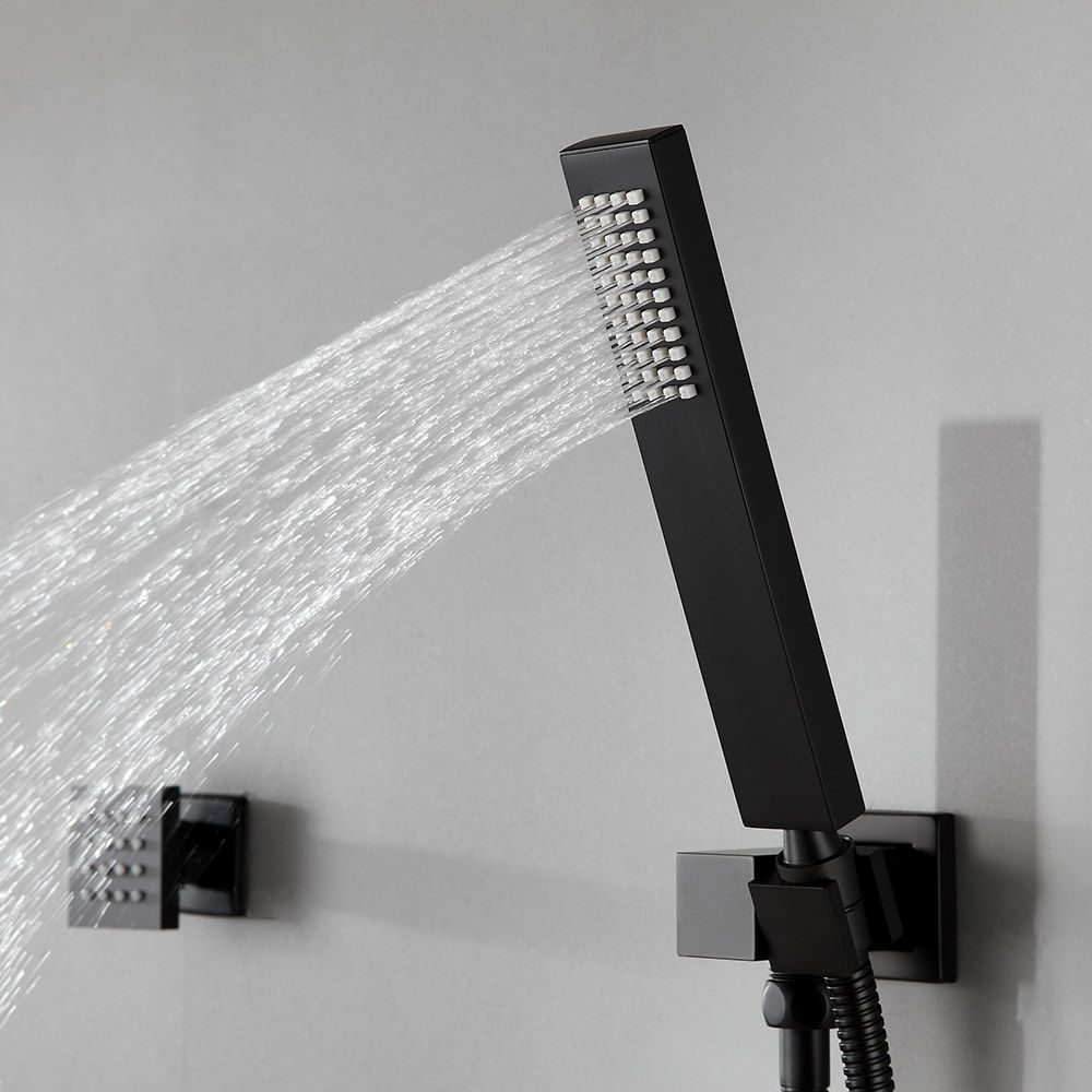 Modern Led Square Ceiling Mount Rain Shower System With 6 Body Sprays And Hand Shower In Black