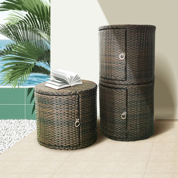 Outdoor Vertical Storage Cabinet 2-Door Round Garden Storage Rattan