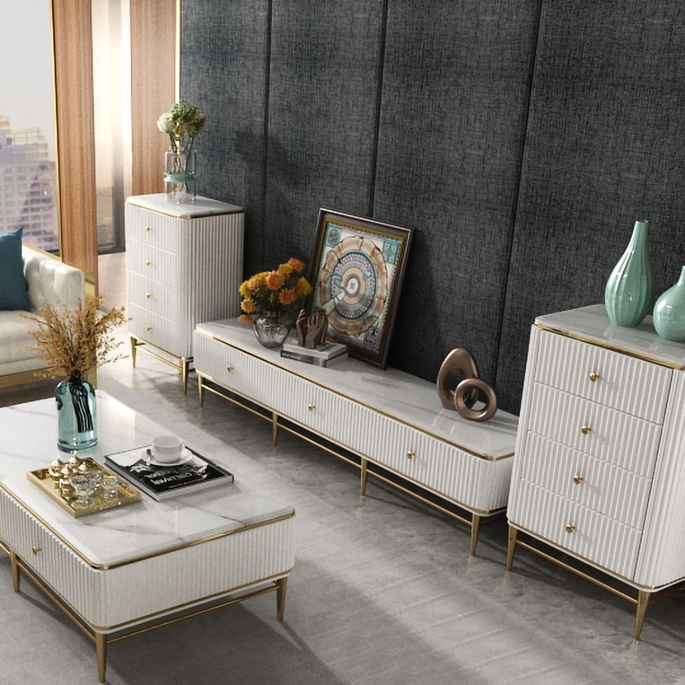 White and Gold TV Stand For TVs Up To 75" 3 Drawers Faux Marble Top Mid