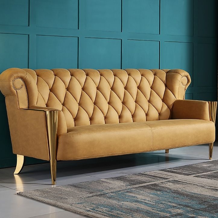 93" Modern Yellow Upholstered Chesterfield Sofa High Back Tufted Sofa 3