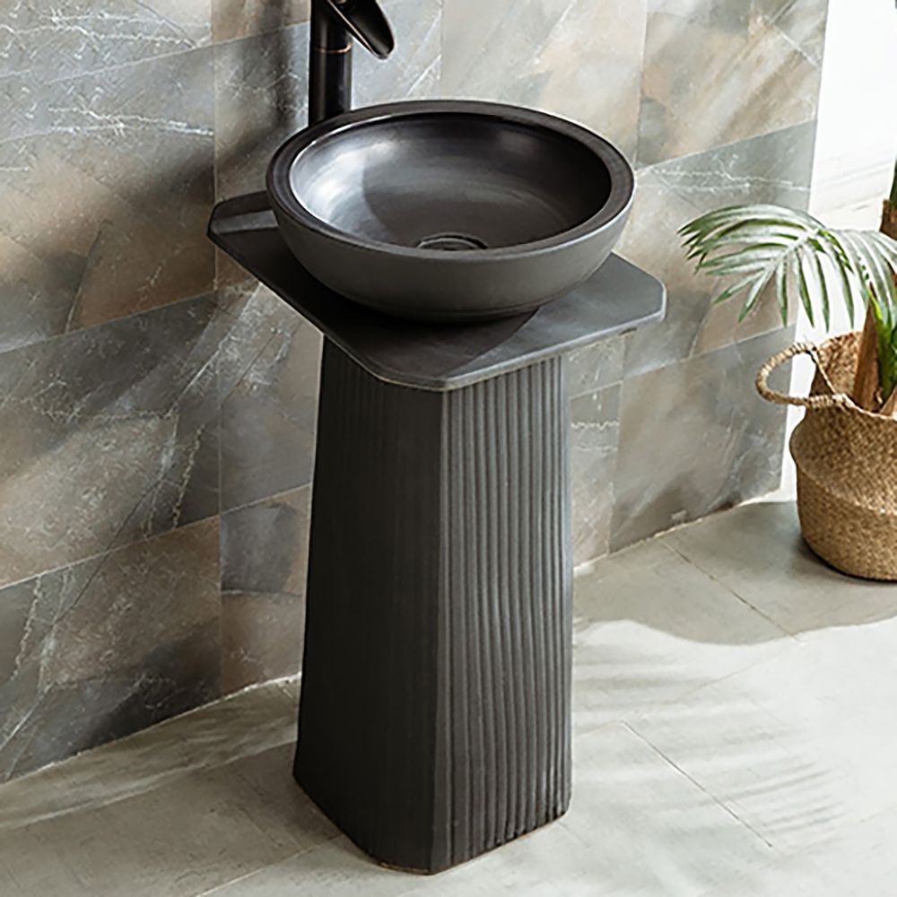 Gray Square Pedestal Sink Gaolin Round Vessel Sink without Drain & Faucet