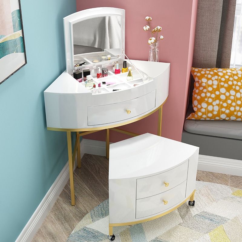 White Corner Makeup Vanity Table With Flip Top Mirror And Drawers And Stool