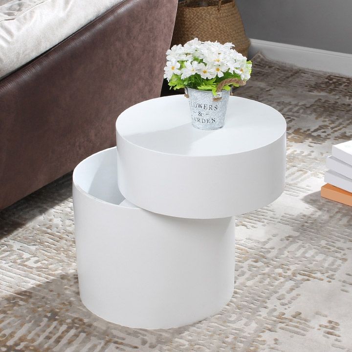 Modern Round White Lacquer Side Table with Storage Living Room Swivel