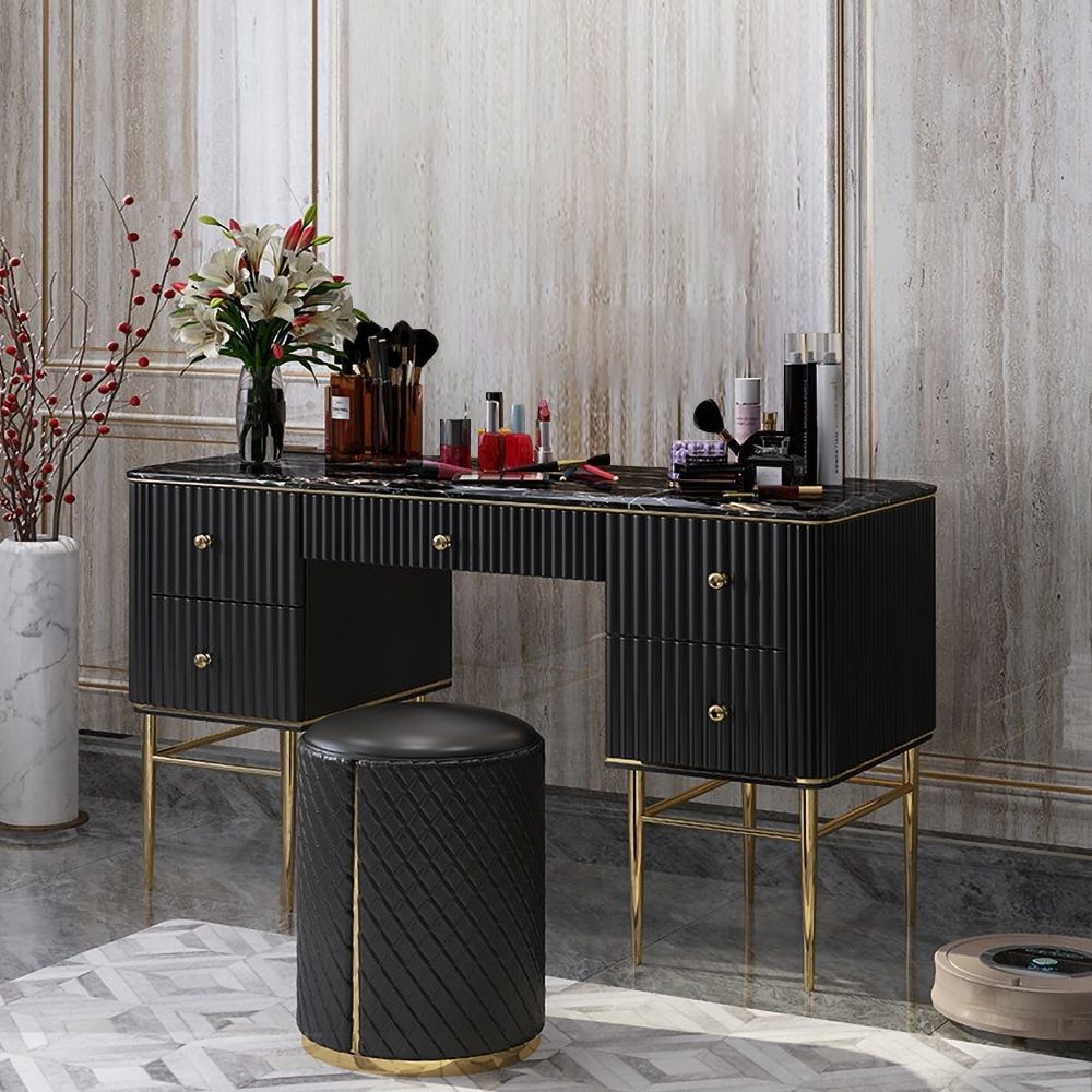 Black Makeup Vanity Table Faux Marble Dressing Table with Drawers Gold