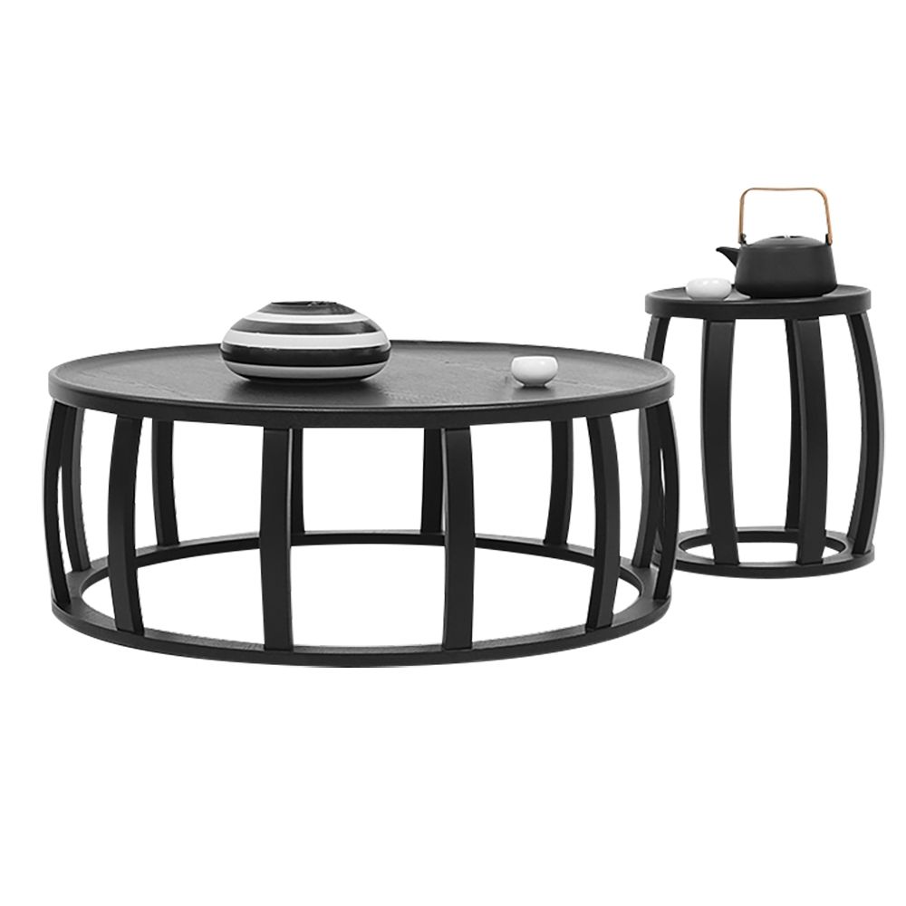 Black Round Coffee Table Set with Wooden Top & Metal Frame 2Piece
