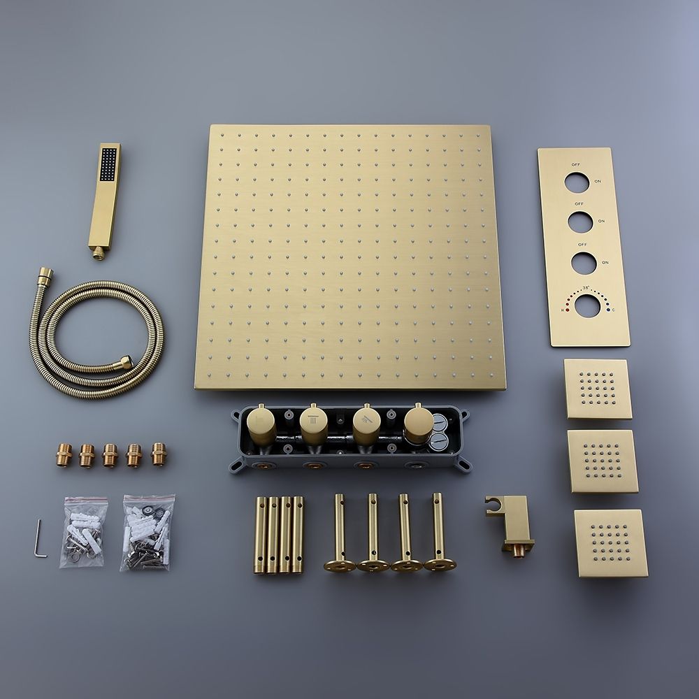 Brushed Gold Thermostatic Shower Faucet 20" Ceiling Mount Rain Shower