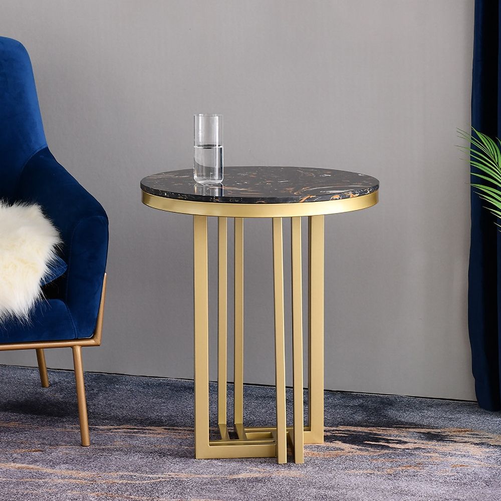 Gold Round End Table with Marble Top Side Table Metal