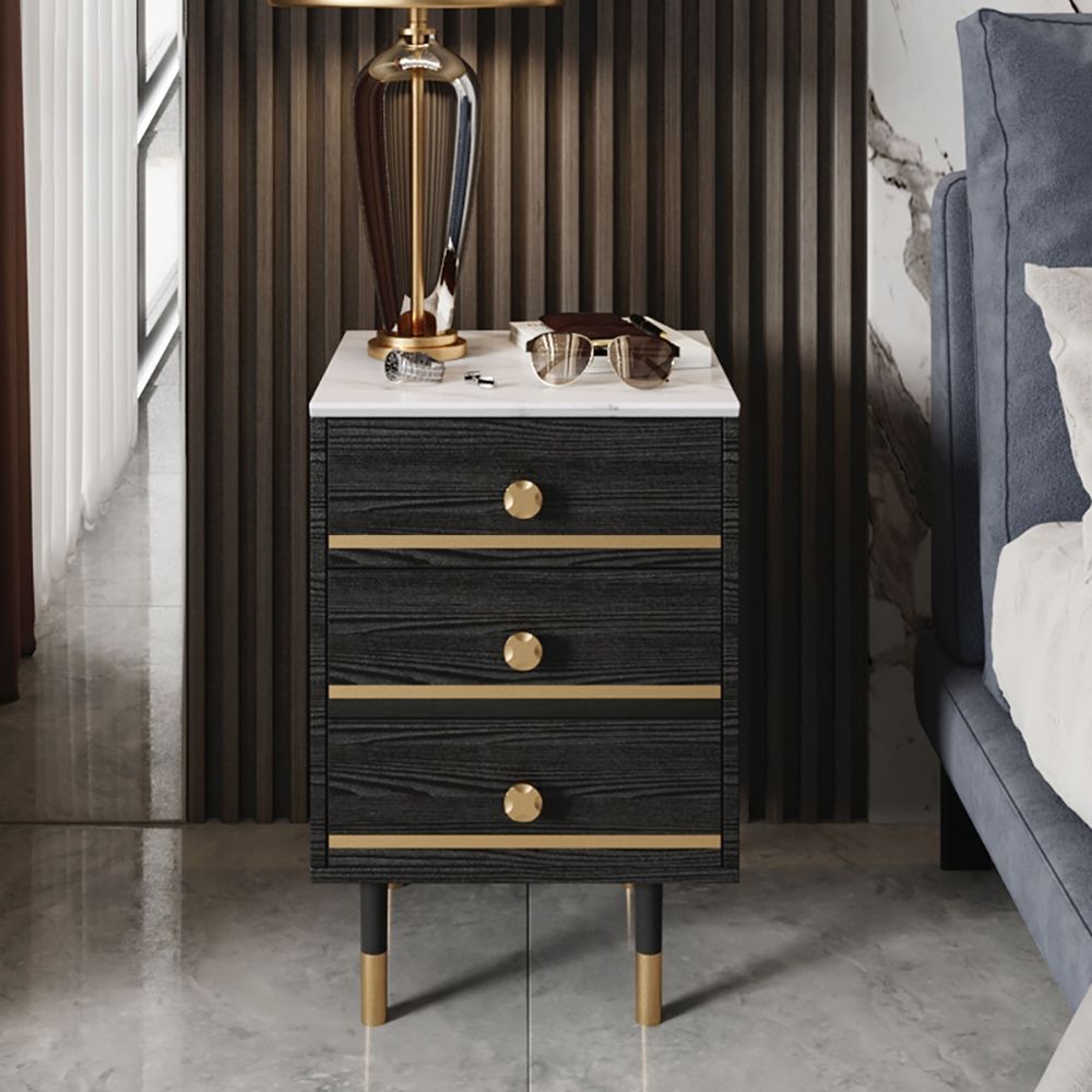 Modern Black Nightstand White Faux Marble Top Bedside with 3