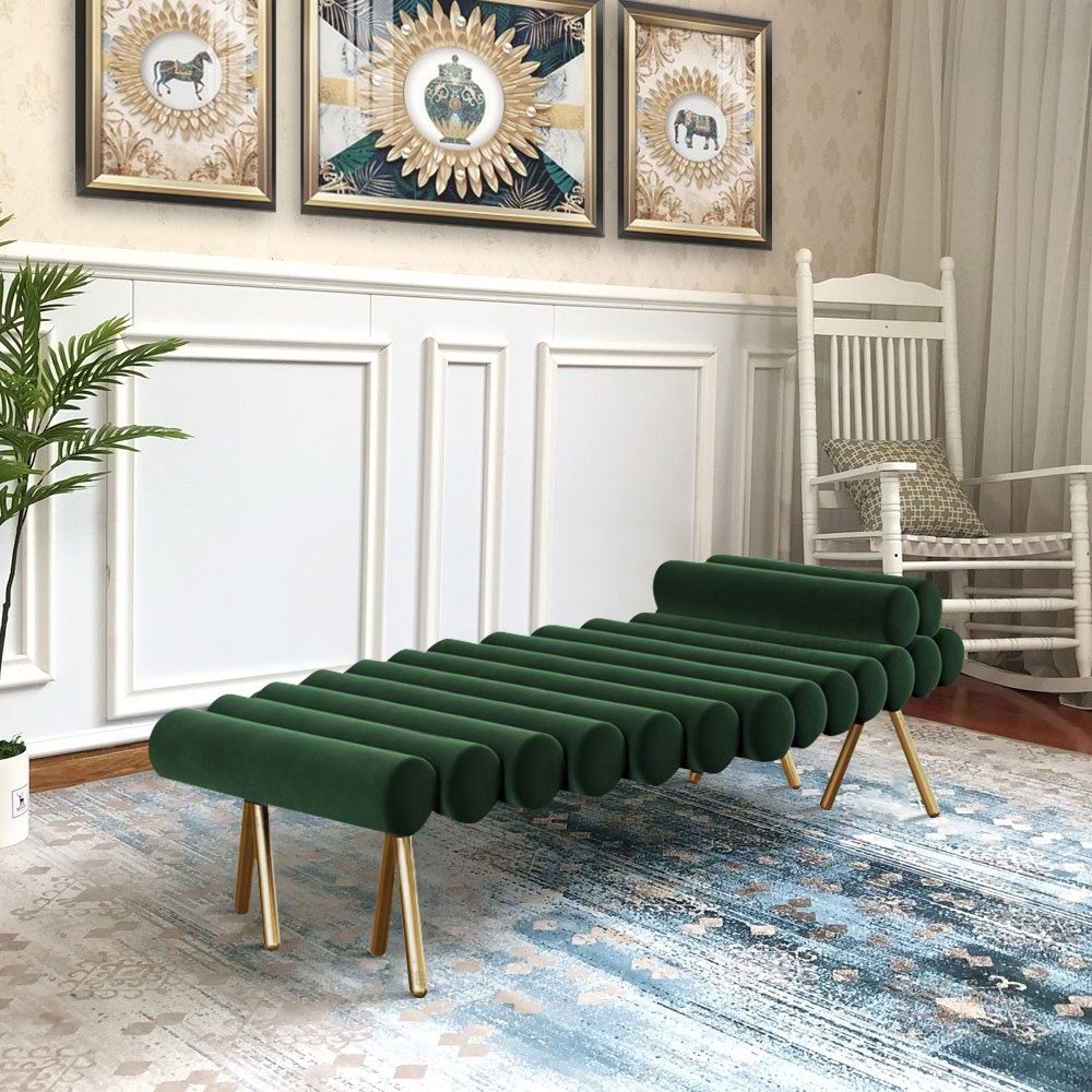 Green Line Tufted Bench Modern Upholstered Velvet Bench Stainless Steel