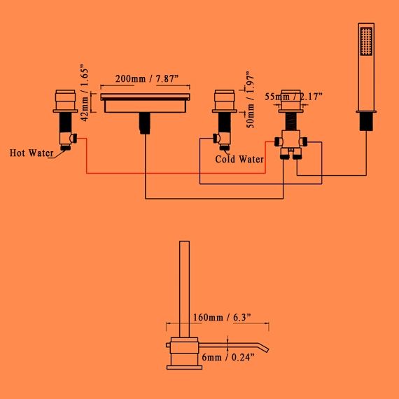 Moderner Wasserfall Deckmontage 5-Loch Wannenarmatur mit Handbrause in