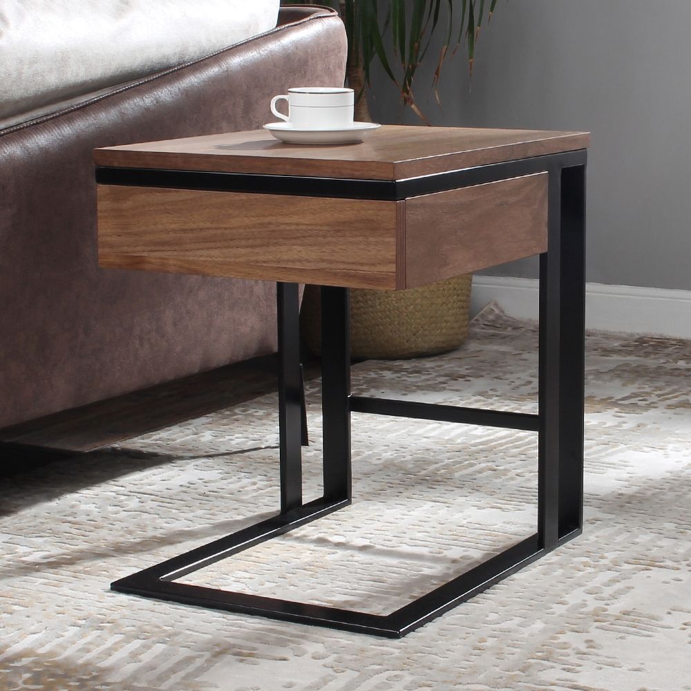 Walnut End Table with Drawer CShaped Design Side Table