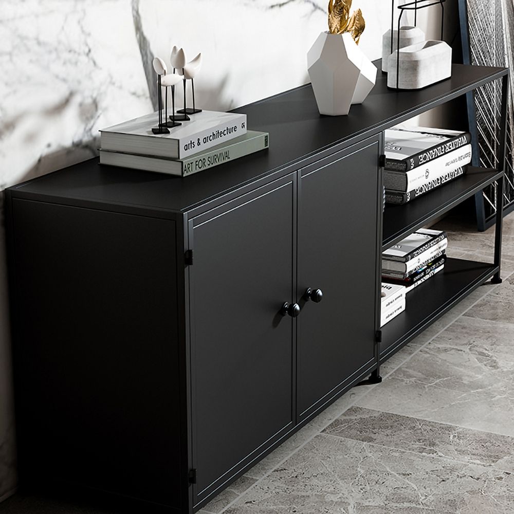 Modern Black TV Stand Metal Frame with 1 Shelf & 2 Doors for TVs up to 65"