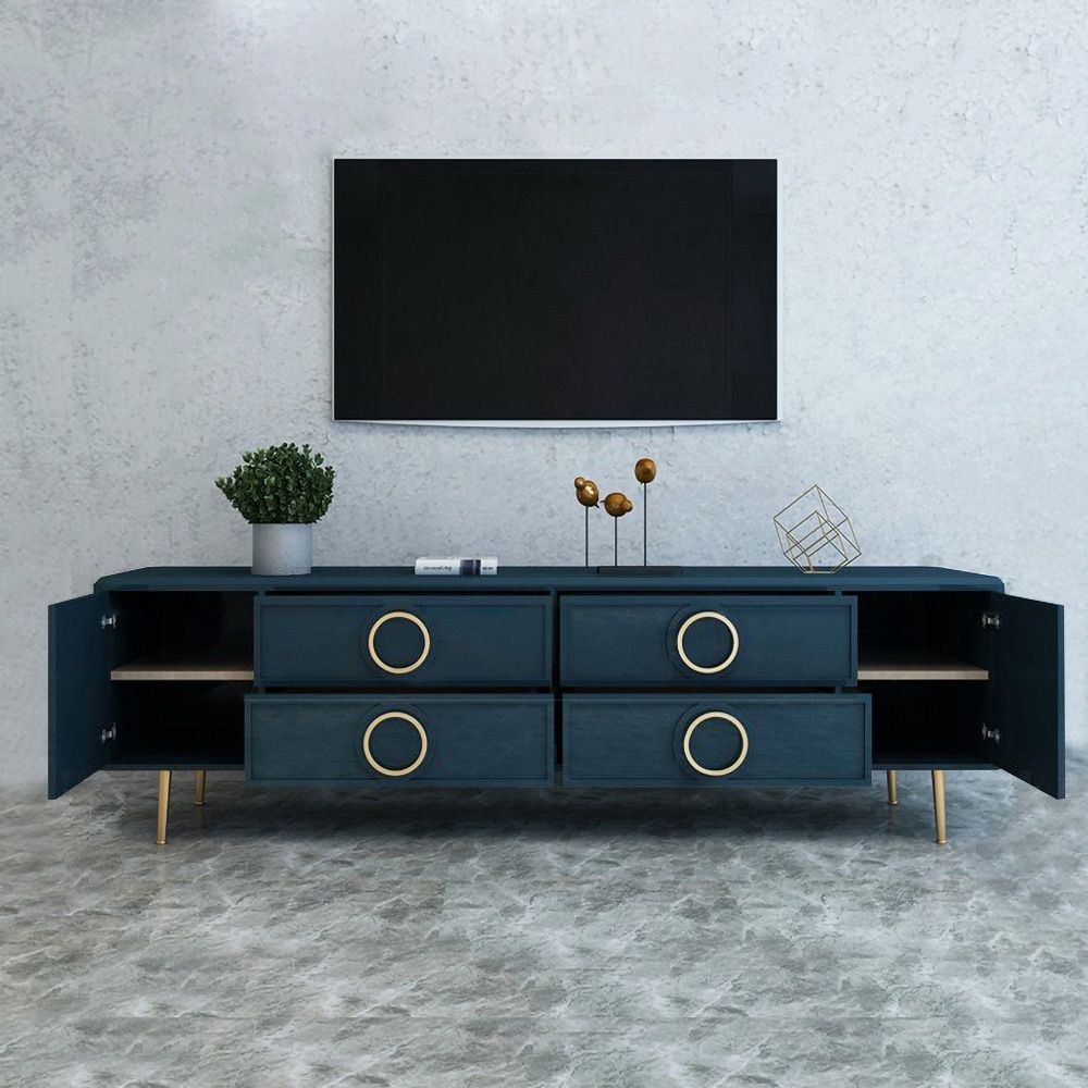 Navy Blue TV Stand with Storage Drawers for TVs Gold Accents Mid-Century