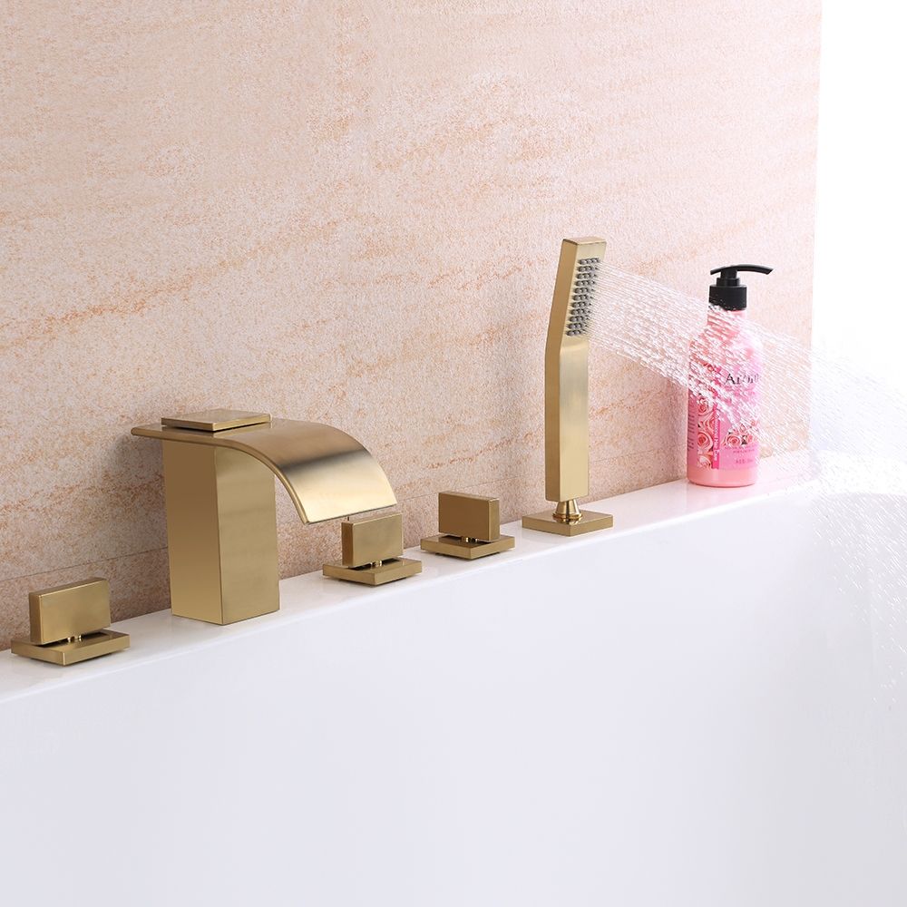 Milly Brushed Gold Waterfall Roman Tub Filler Faucet with Handheld Shower