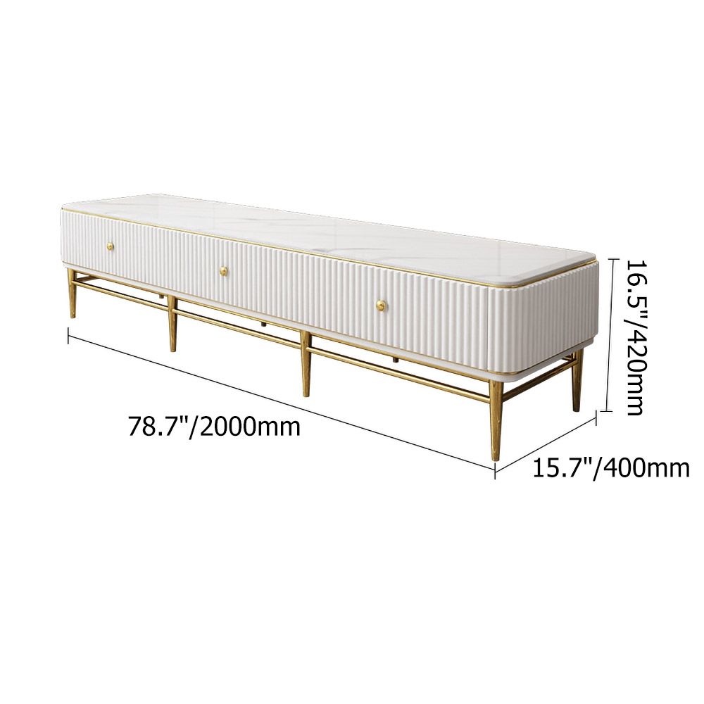 White and Gold TV Stand For TVs Up To 75" 3 Drawers Faux Marble Top Mid