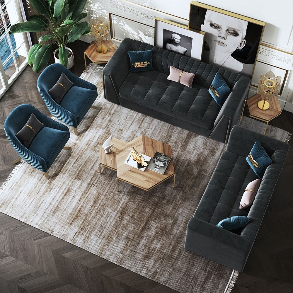 2300mm Modular Velvet Sofa Deep Grey Tufted Upholstery Modern Couch