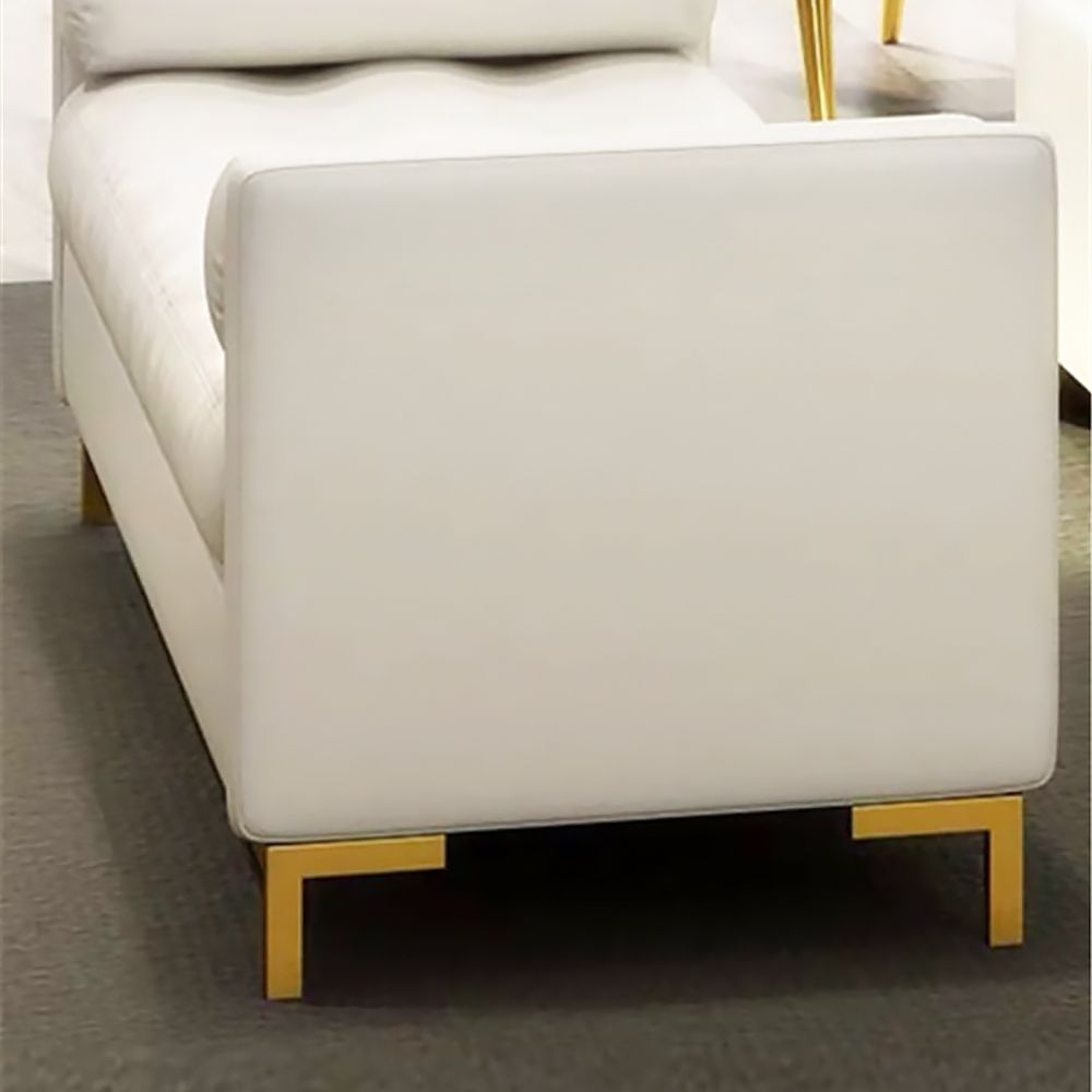 47.2" White Faux Leather Upholstery Tufted Bench Ottoman Gold Leg