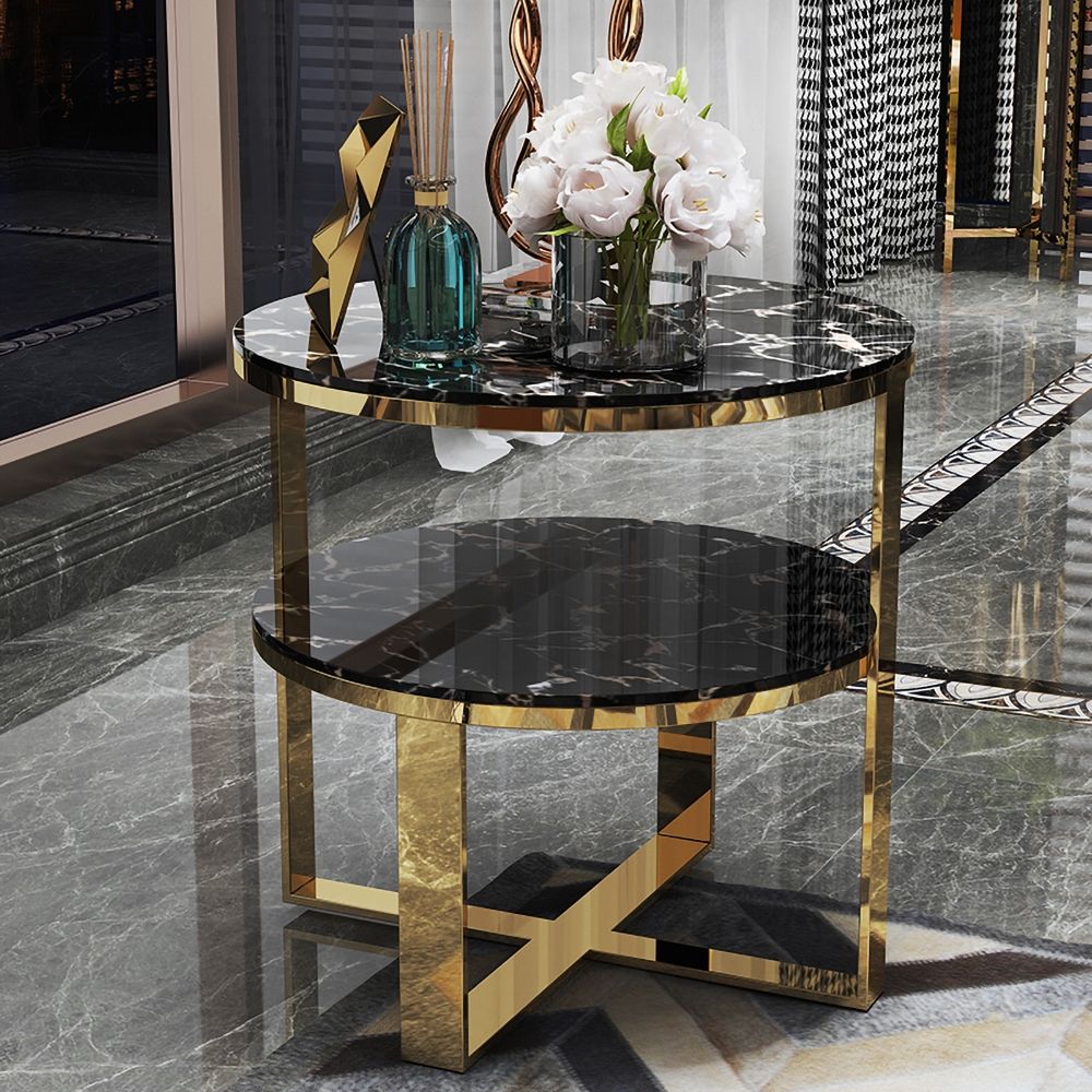 Round Black Marble Gold End Table with Storage Nightstand 2 Tier