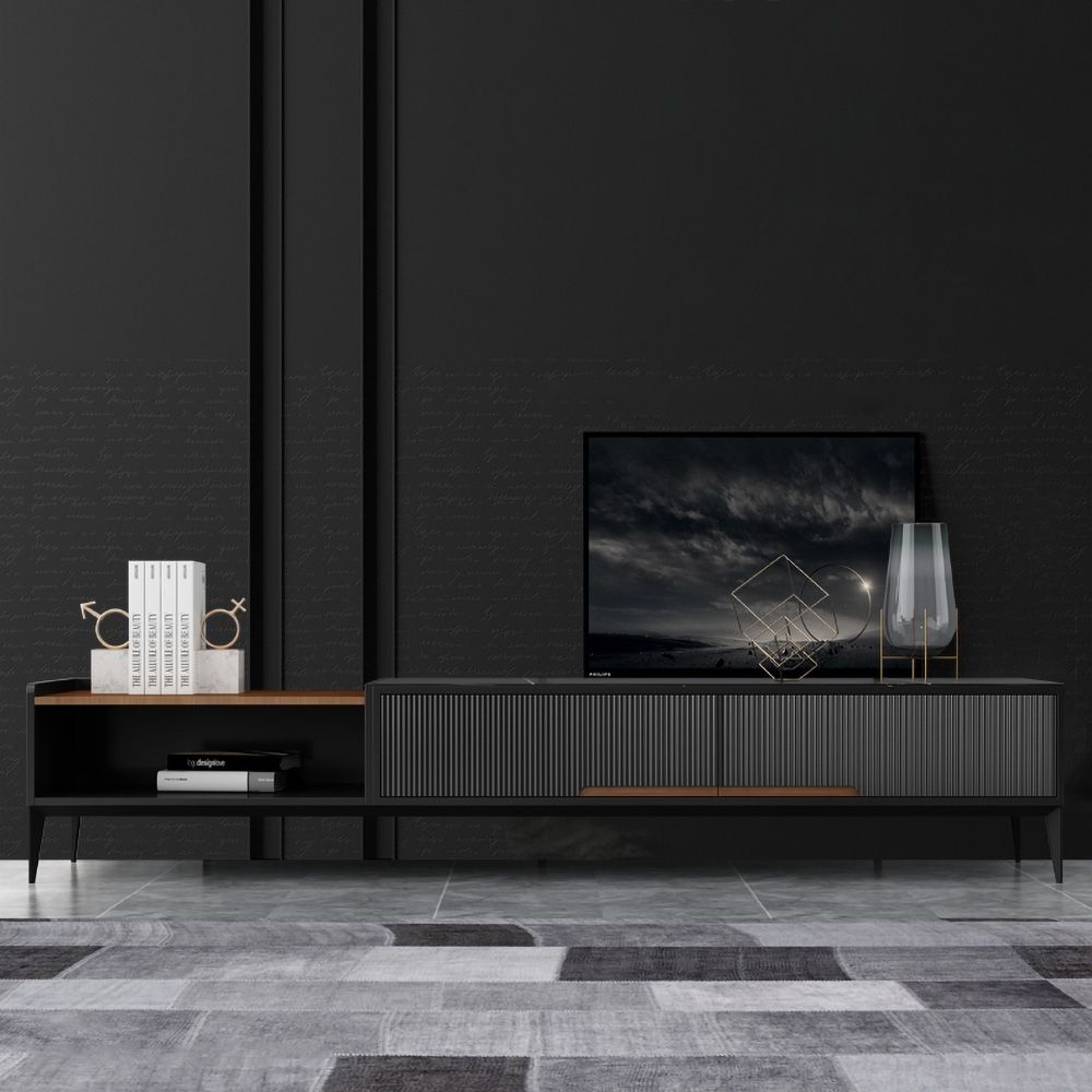 70.9" Black & Natural TV Stand Faux Marble Media Console with 2 Drawers & Open Storage for TVs