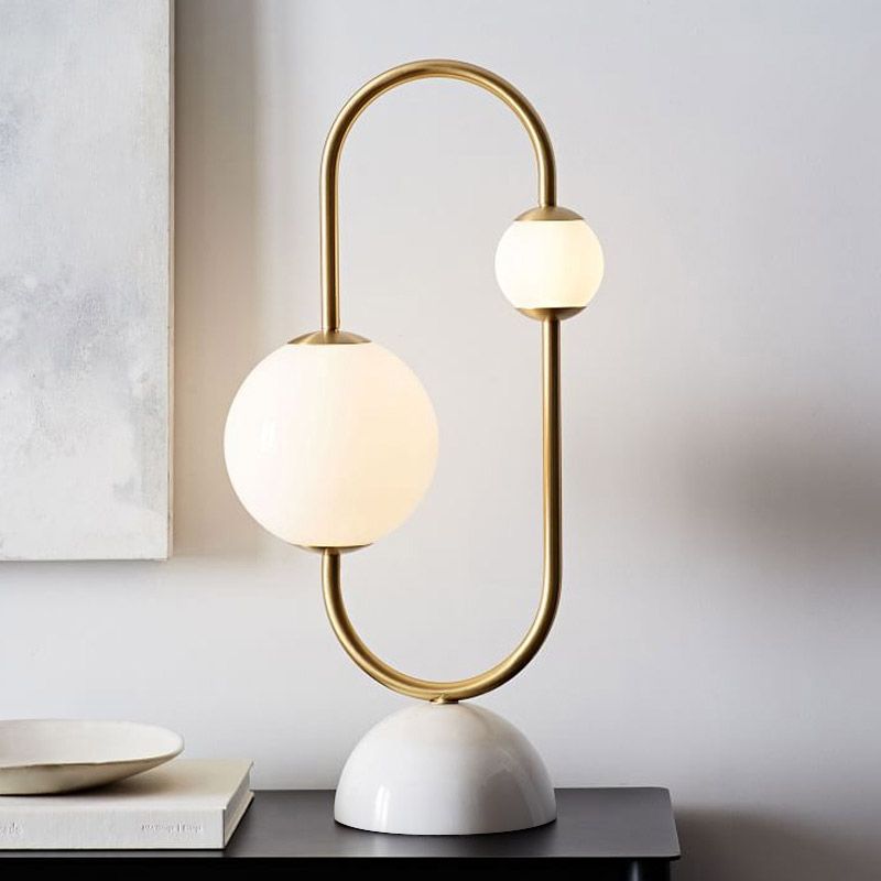 Modern Framed Sphere Table Lamp Glass Shade & Marble Base in Gold
