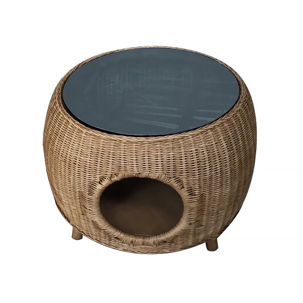 21.7" Brown Rattan End Table Cat Bed Round Black Tempered Glass Table Top