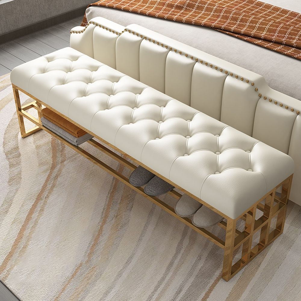 Modern Storage Entryway Bench Beige Faux Leather Upholstered Ottoman