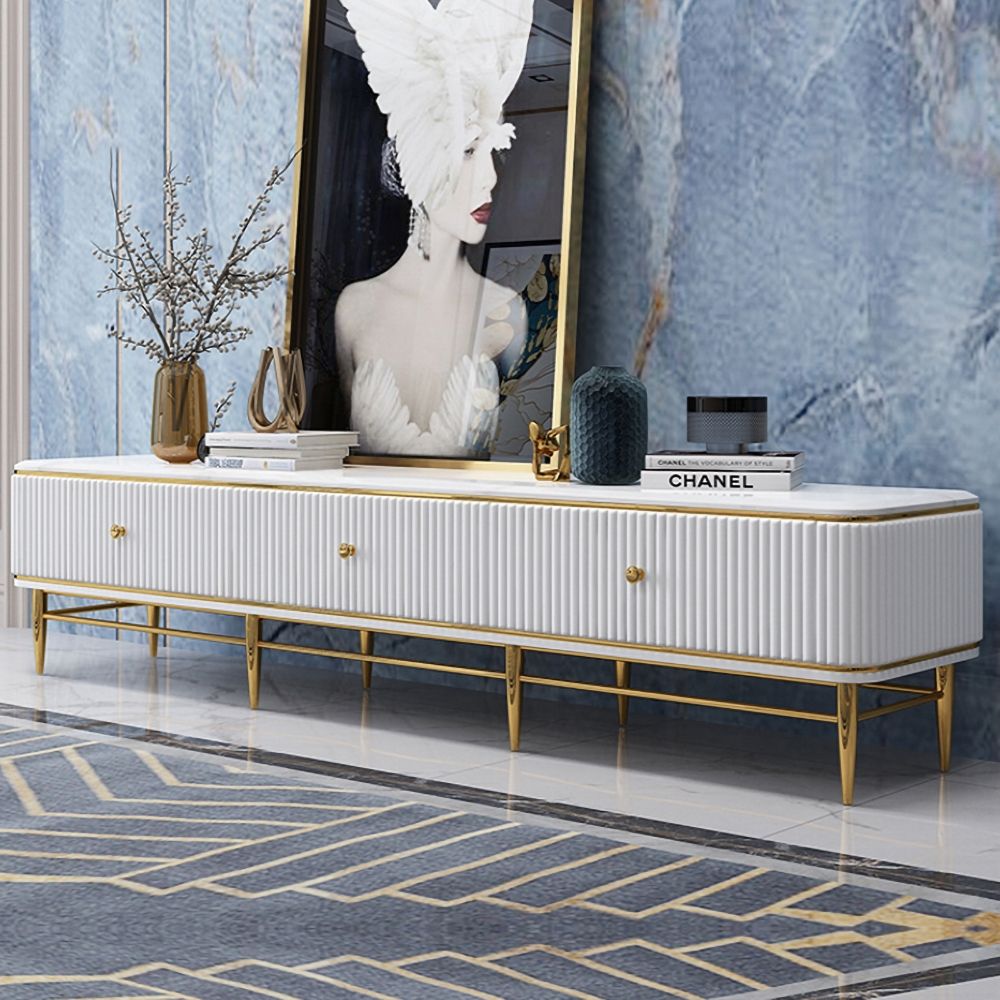 White and Gold TV Stand For TVs Up To 75" 3 Drawers Faux Marble Top MidCentury