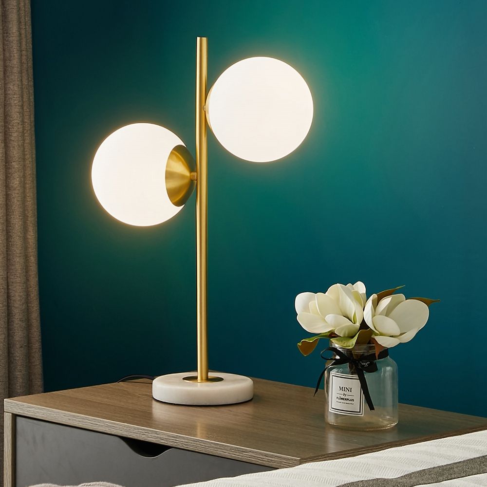 Gold Modern LED Globe Table Lamp 2 Light White Glass Shade