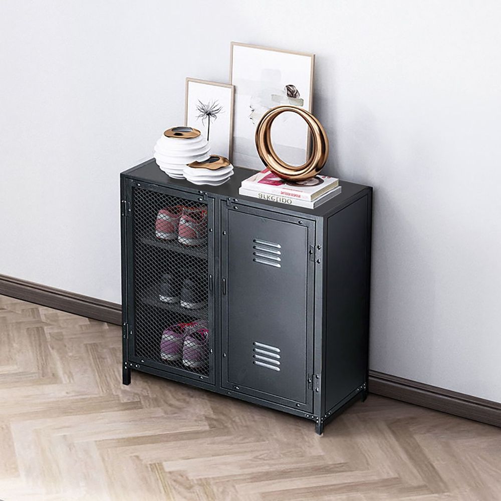 Industrial Black Metal Shoe Storage with Doors&Shelves Entryway