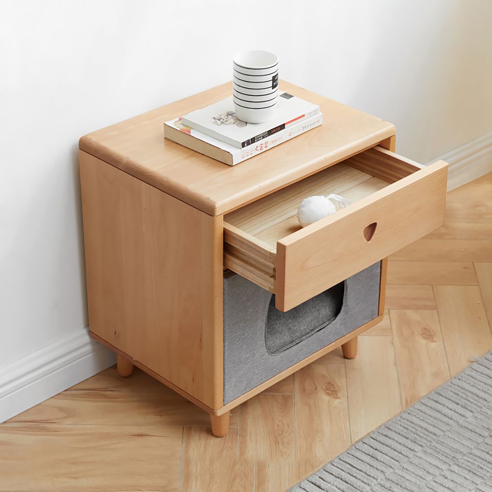 Mesita de noche moderna de madera maciza con un cajón y una pequeña