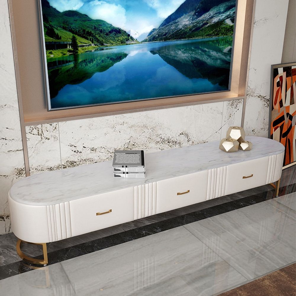 White Oval TV Stand Faux Marble Top Modern Media Stand with 3 Drawers